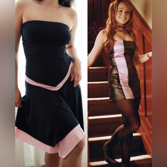 Y2K Asymmetrical Pink and Black Strapless Dress - Picture 3 of 3